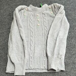Beldoch Popper Sweater Womens Size L Gray Chenille Cable Knit Floral Embroidered